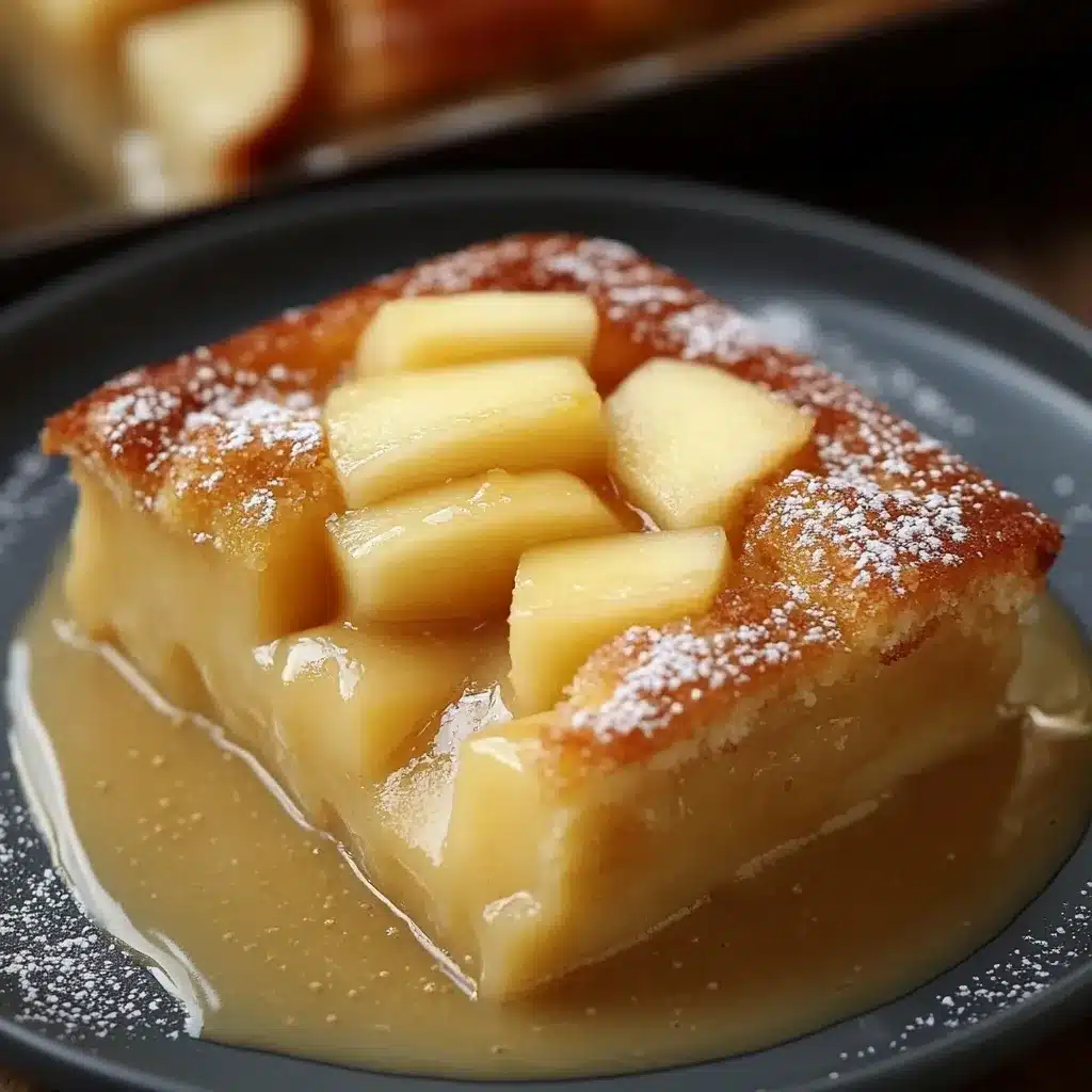 Bizcocho de manzana casero recién horneado, decorado con láminas de manzana doradas y espolvoreado con azúcar glas.
