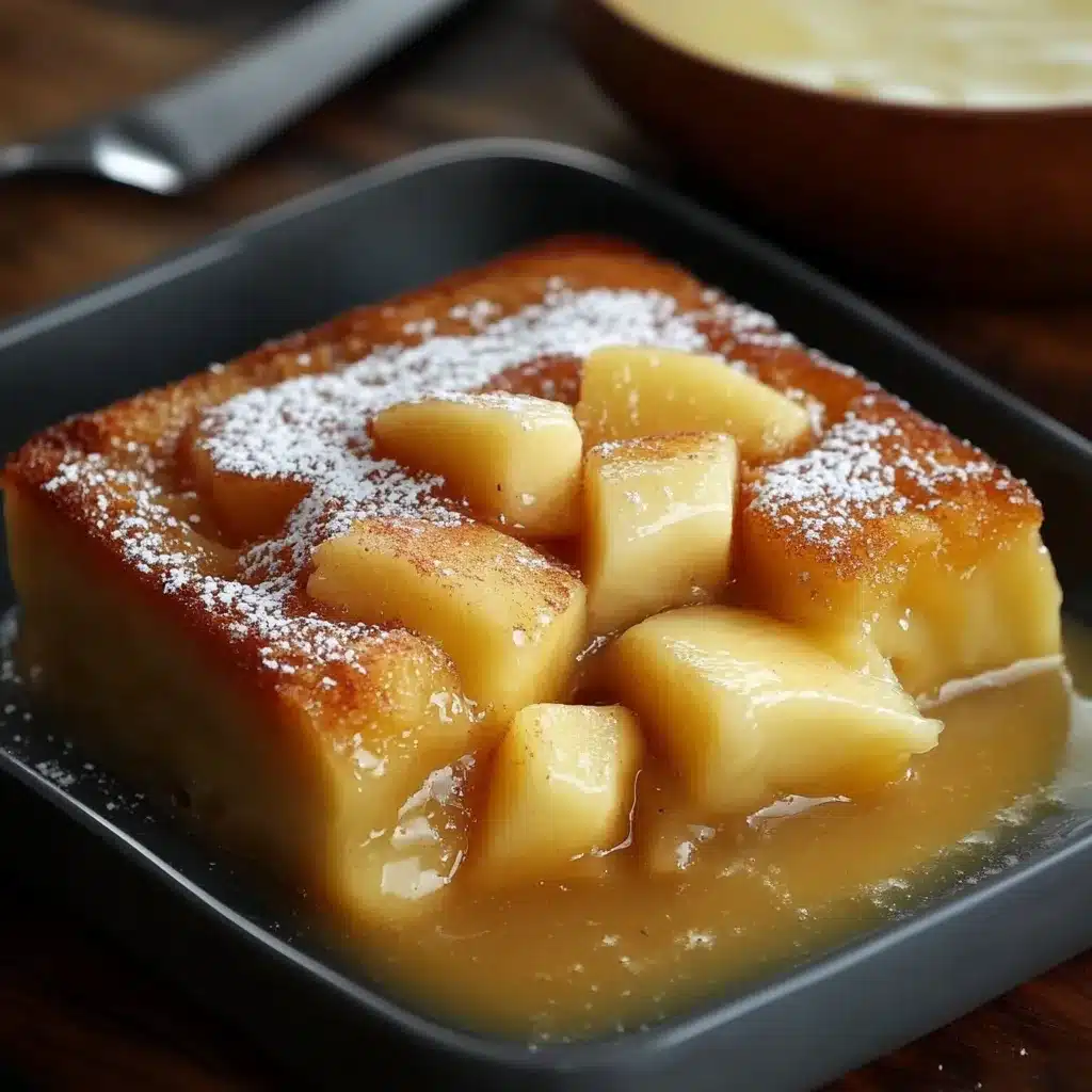 Bizcocho de manzana casero recién horneado, decorado con láminas de manzana doradas y espolvoreado con azúcar glas.