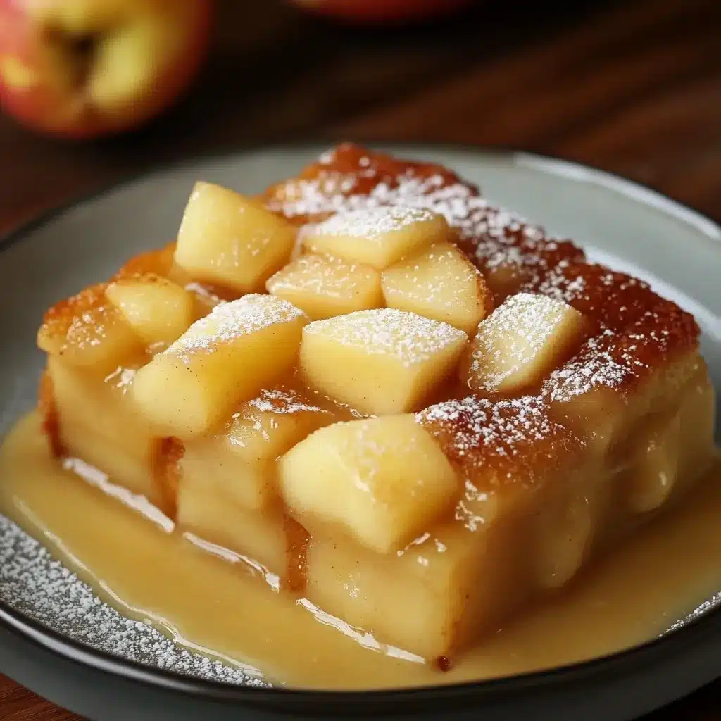 Bizcocho de manzana casero recién horneado, decorado con láminas de manzana doradas y espolvoreado con azúcar glas.