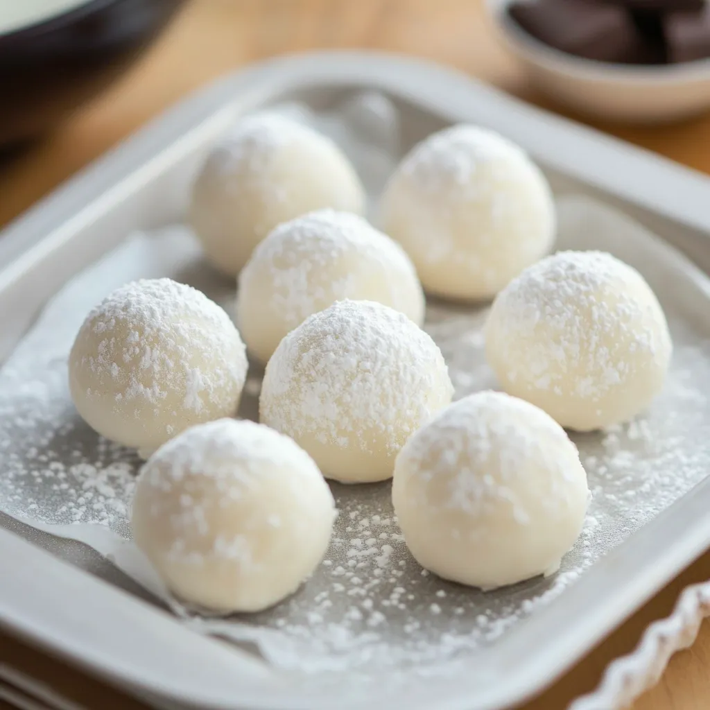 Bombones de leche en polvo caseros servidos sobre una bandeja blanca con coco rallado