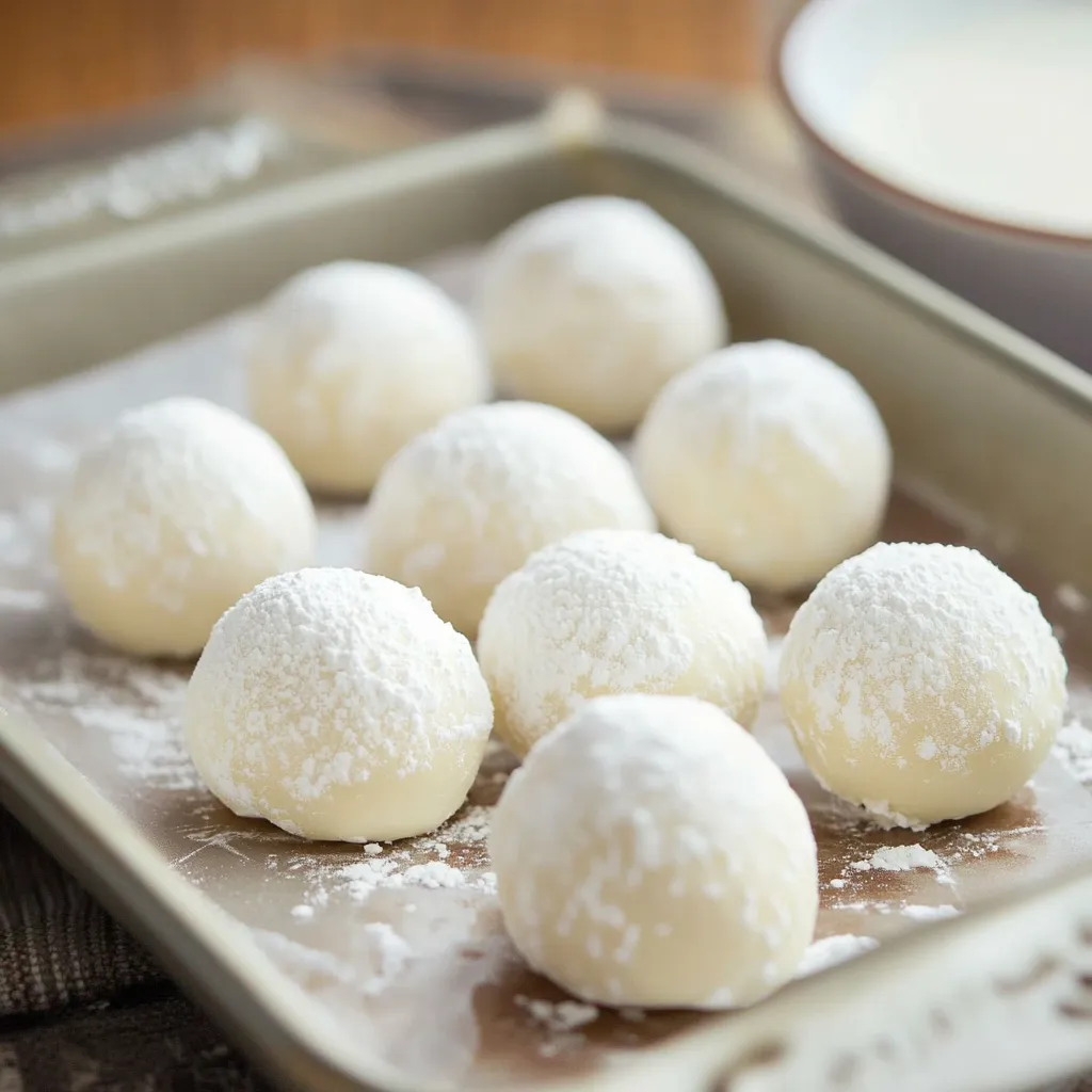 Bombones de leche en polvo caseros servidos sobre una bandeja blanca con coco rallado