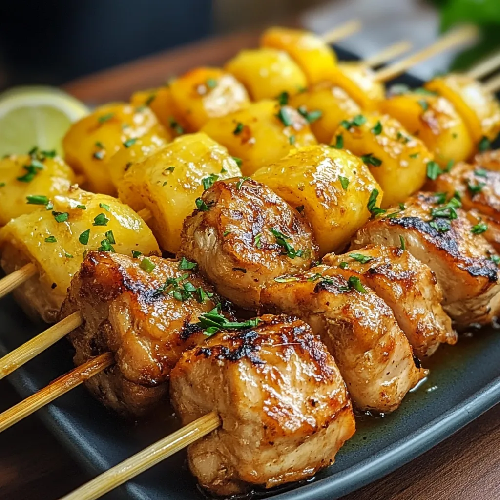 Brochetas de pollo y piña doradas en una parrilla, listas para servir con arroz.