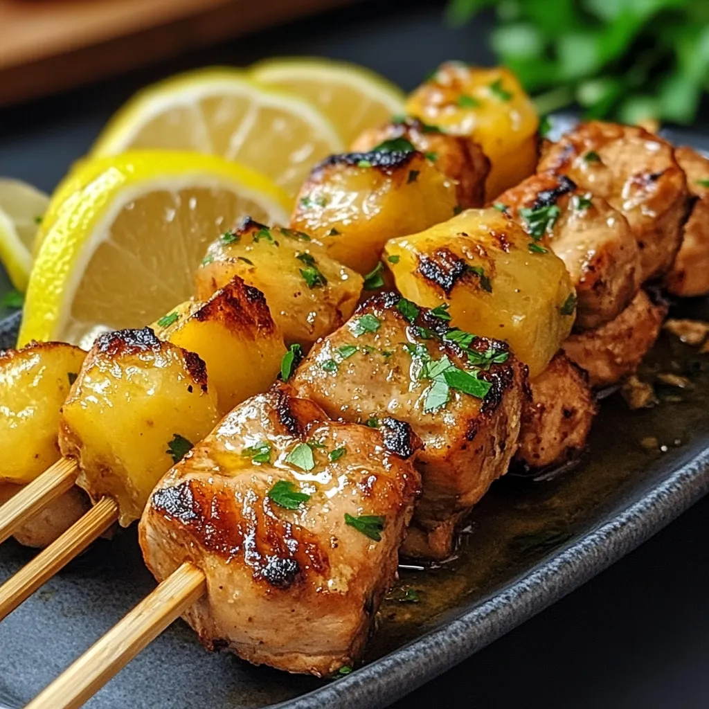 Brochetas de pollo y piña doradas en una parrilla, listas para servir con arroz.