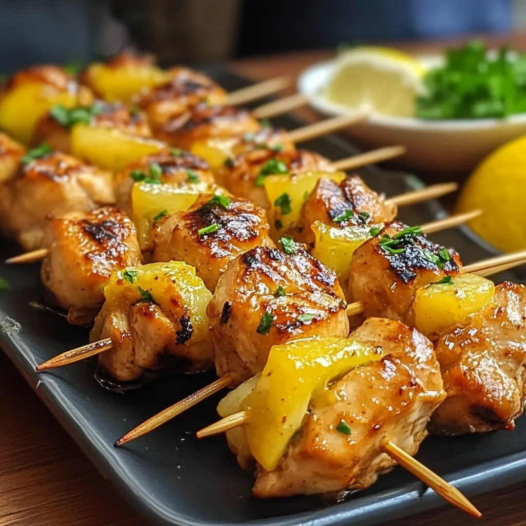 Brochetas de pollo y piña doradas en una parrilla, listas para servir con arroz.