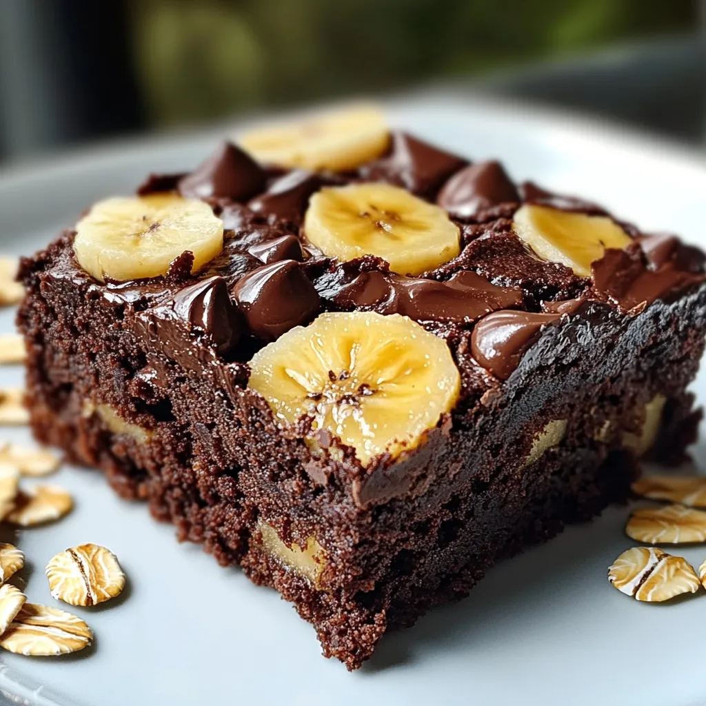 Brownie de plátano y avena en porciones cuadradas, sobre una tabla de madera