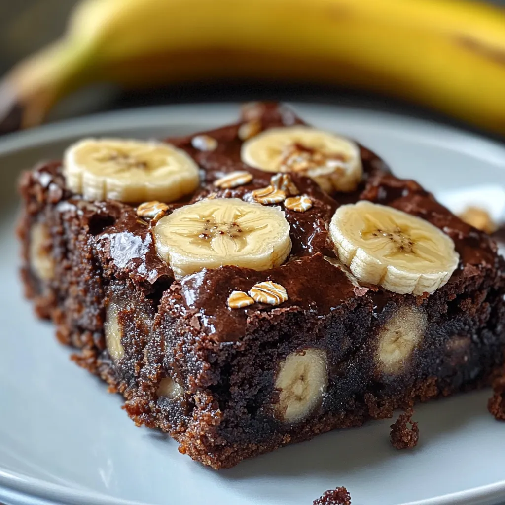 Brownie de plátano y avena en porciones cuadradas, sobre una tabla de madera