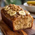Budín casero de banana y nueces recién horneado sobre una rejilla