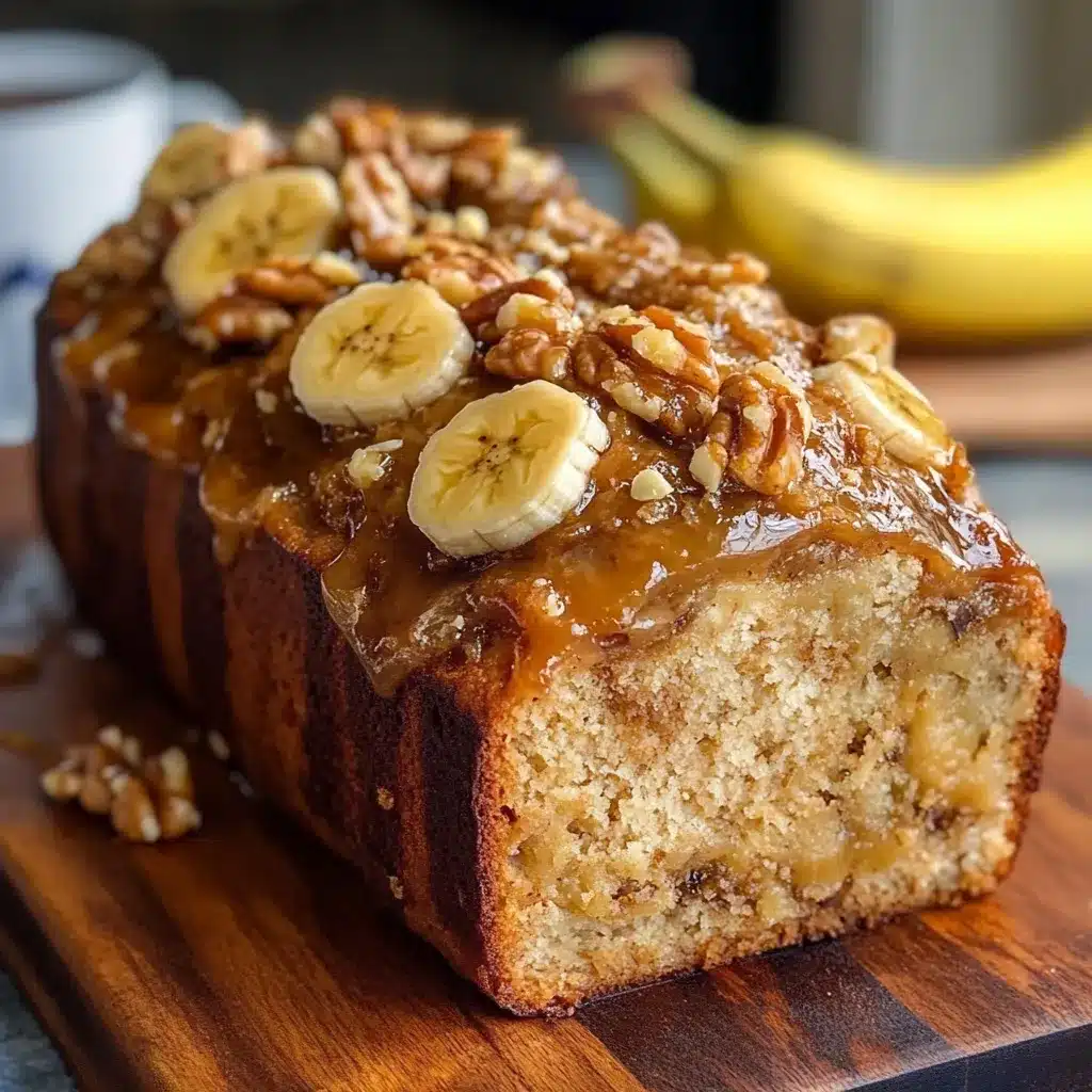 Budín casero de banana y nueces recién horneado sobre una rejilla