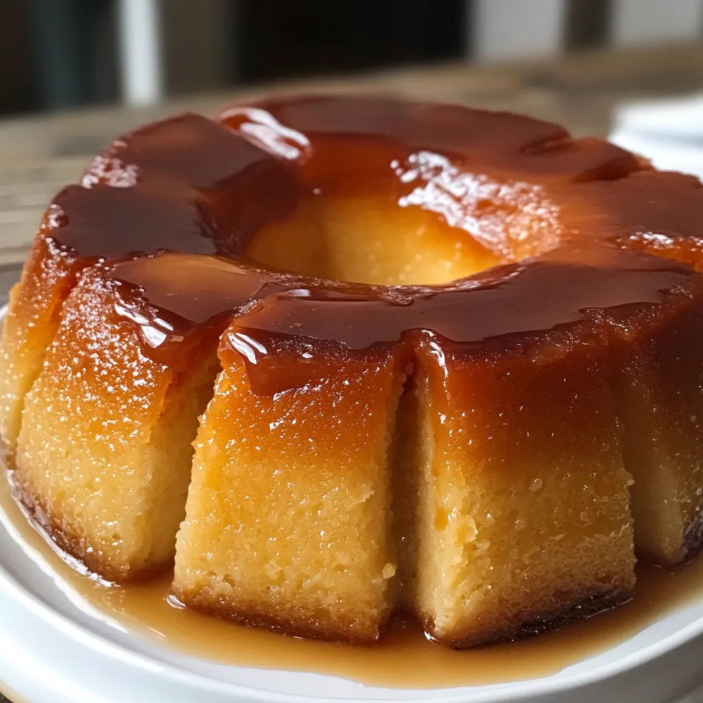 Budín de pan casero sin horno servido en plato blanco con caramelo brillante.