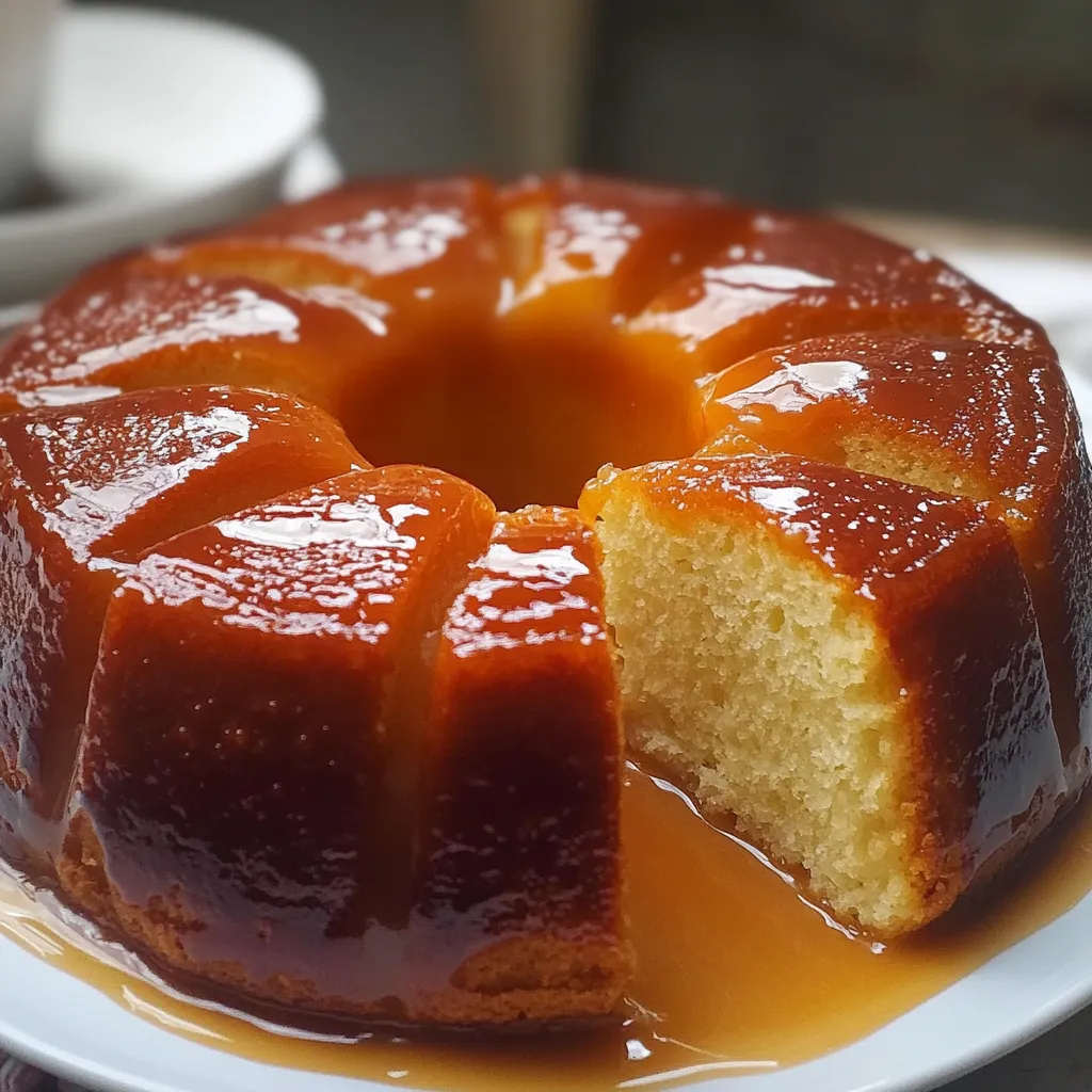 Budín de pan casero sin horno servido en plato blanco con caramelo brillante.