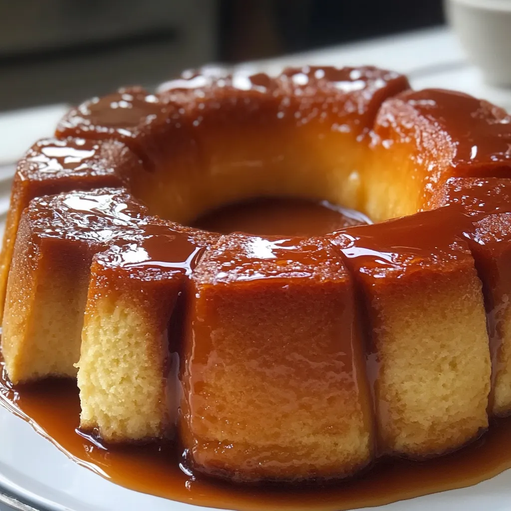 Budín de pan casero sin horno servido en plato blanco con caramelo brillante.