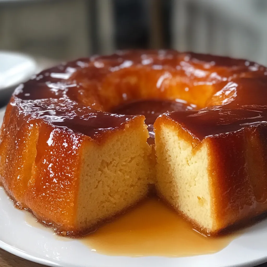 Budín de pan casero sin horno servido en plato blanco con caramelo brillante.