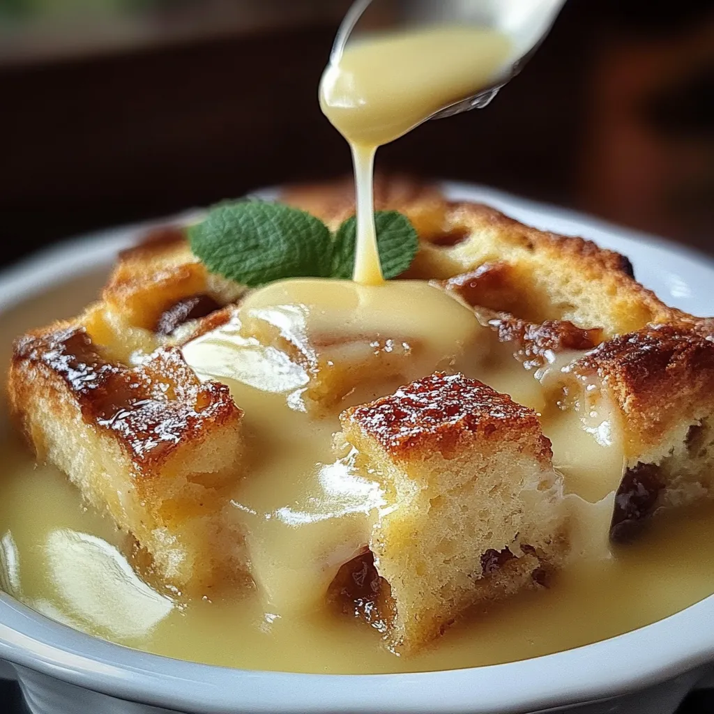 Budín de pan horneado servido con salsa de vainilla caliente