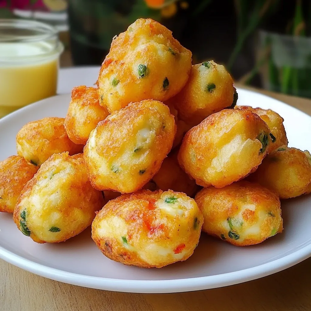 Buñuelos de verduras con queso recién fritos y crujientes en un plato blanco