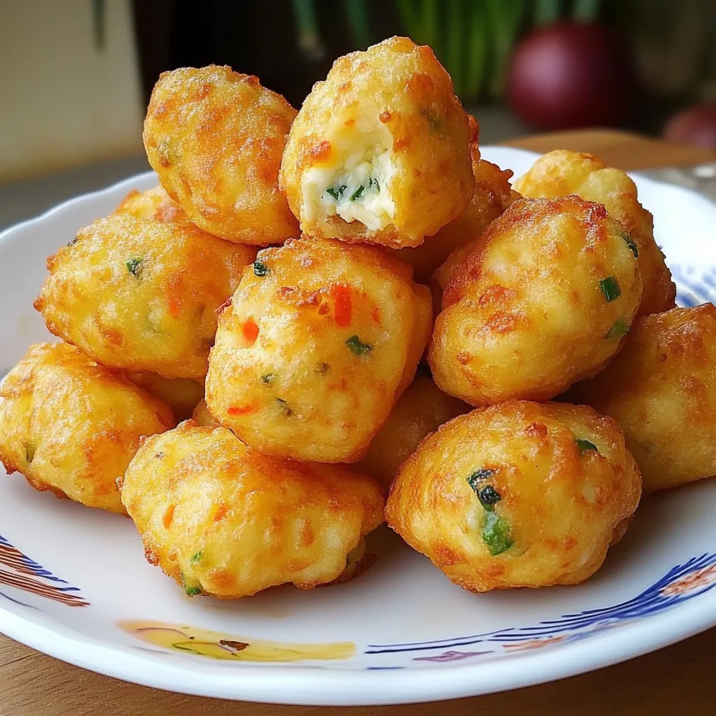 Buñuelos de verduras con queso recién fritos y crujientes en un plato blanco