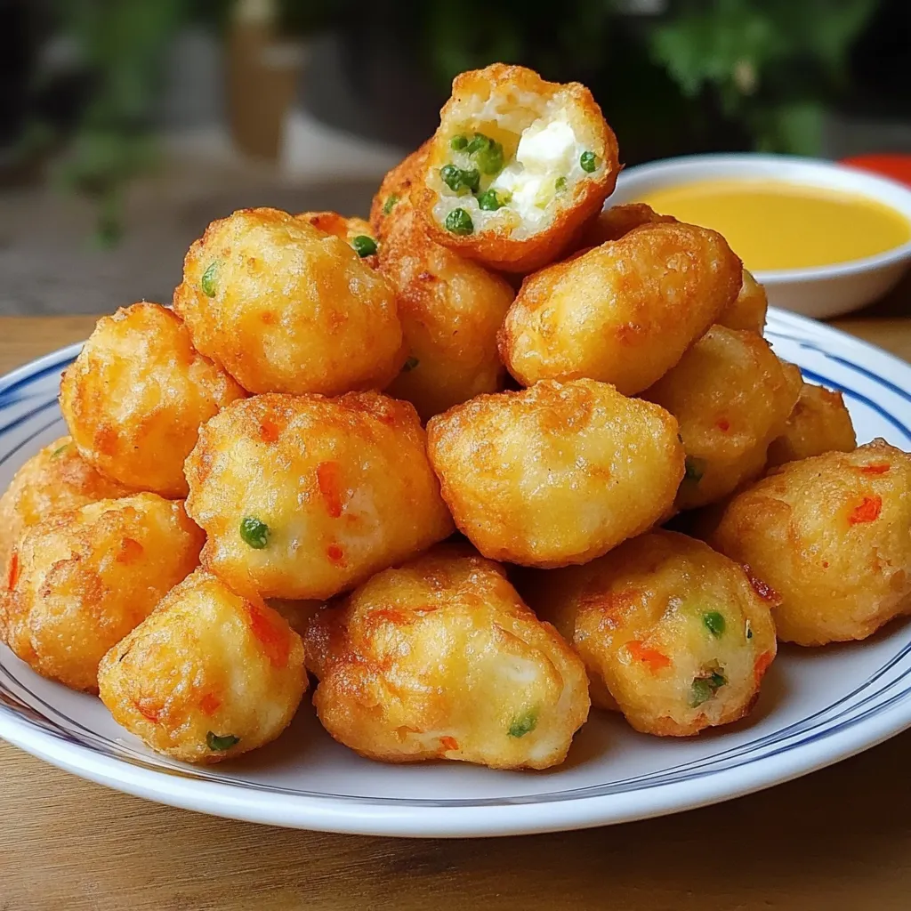Buñuelos de verduras con queso recién fritos y crujientes en un plato blanco
