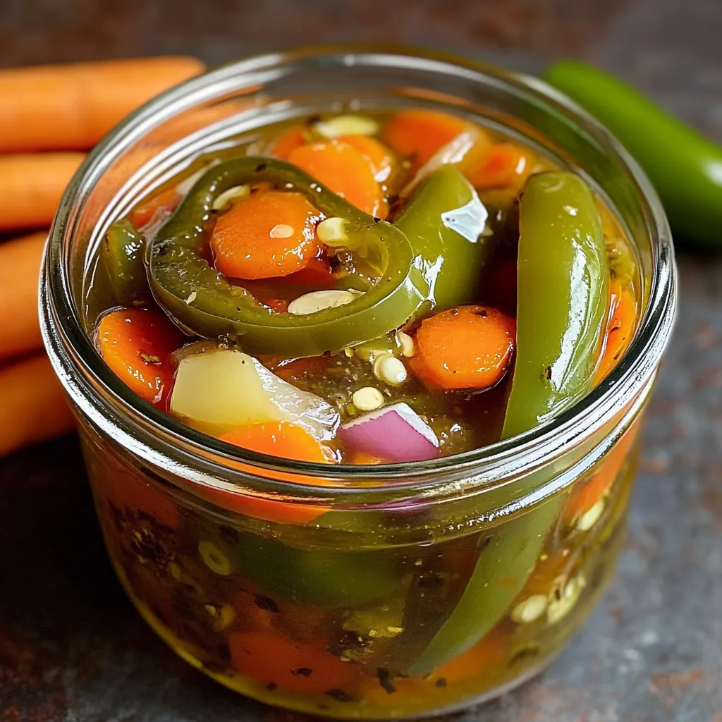 Frascos de vidrio llenos de chiles jalapeños en escabeche con zanahorias y cebolla