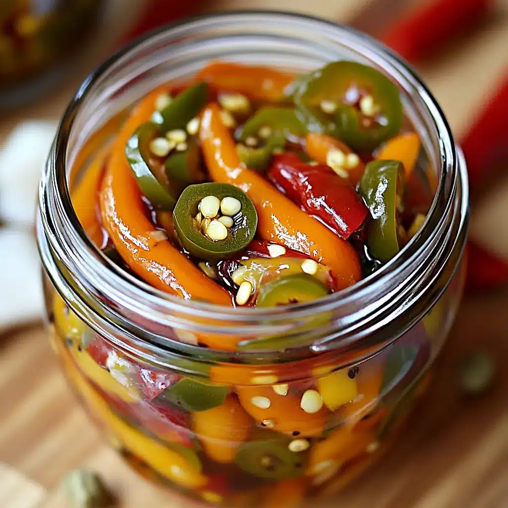 Frascos de vidrio llenos de chiles jalapeños en escabeche con zanahorias y cebolla