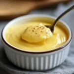 Crema pastelera casera recién hecha con textura suave y color dorado, en cuenco de cerámica.
