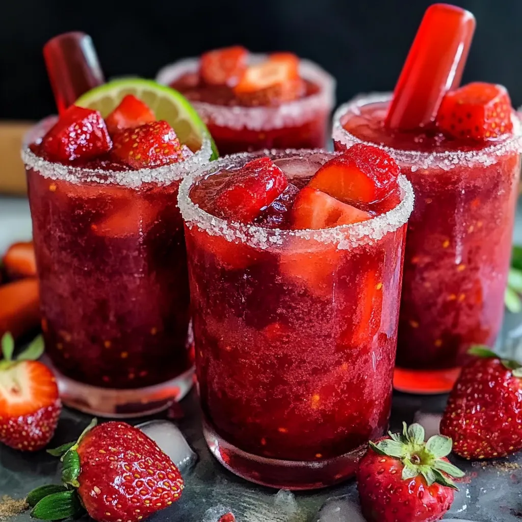 Chamoyada de fresa servida en vaso escarchado con chamoy y chile en polvo