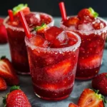 Chamoyada de fresa servida en vaso escarchado con chamoy y chile en polvo