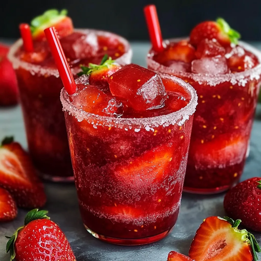 Chamoyada de fresa servida en vaso escarchado con chamoy y chile en polvo