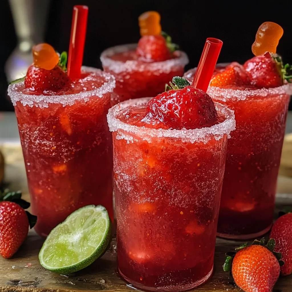 Chamoyada de fresa servida en vaso escarchado con chamoy y chile en polvo