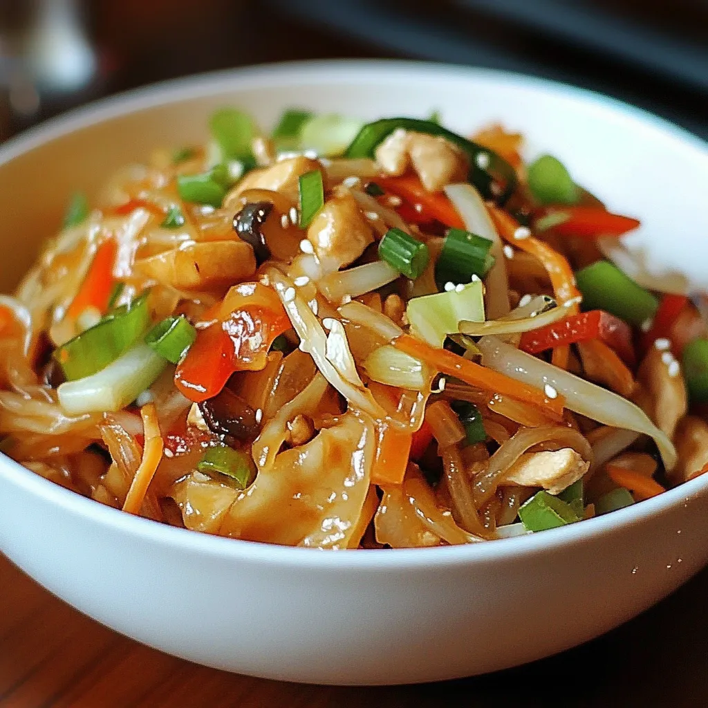 Plato de Chop Suey Chino casero con vegetales crujientes y tiras de pollo servido con arroz blanco