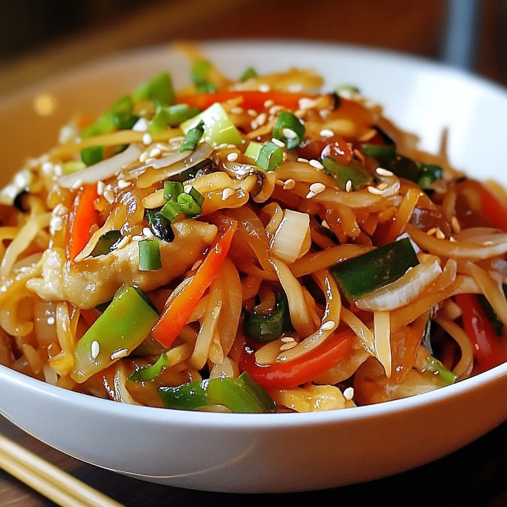 Plato de Chop Suey Chino casero con vegetales crujientes y tiras de pollo servido con arroz blanco