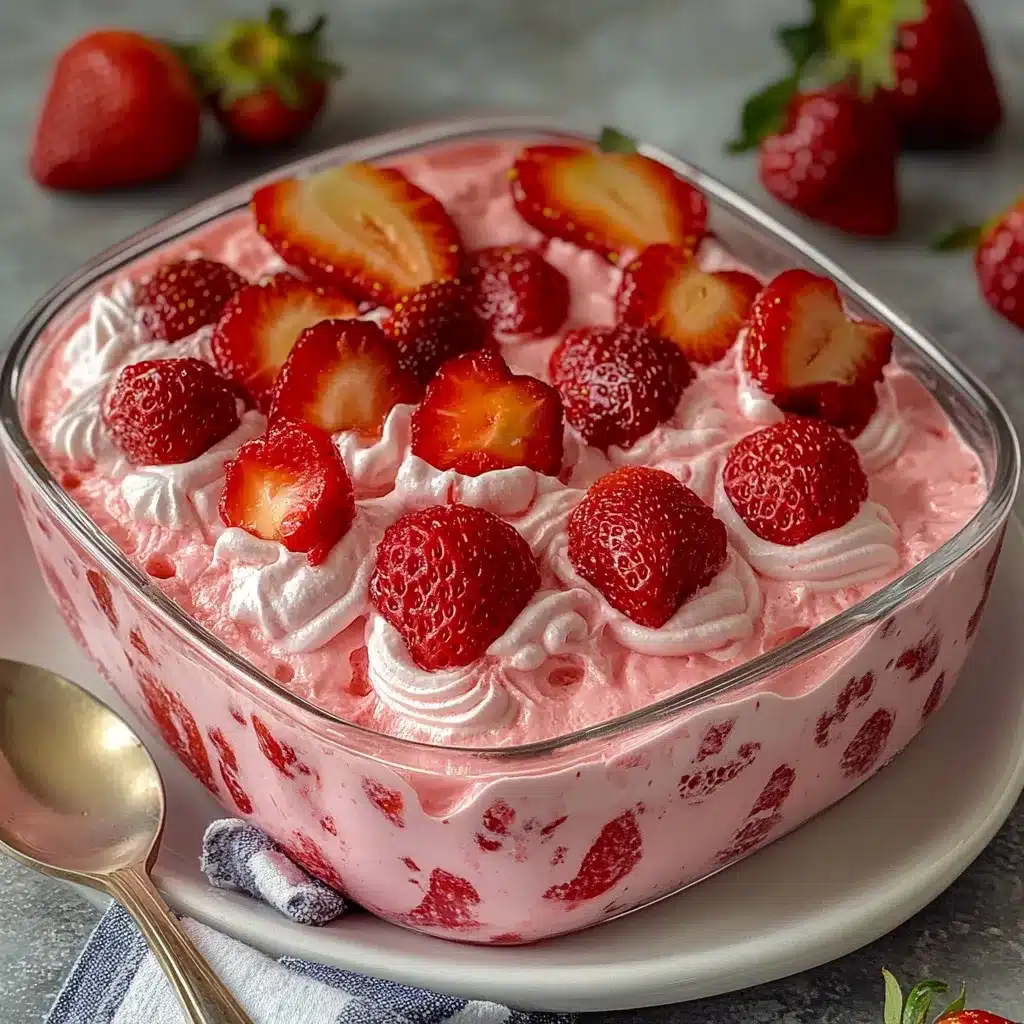 Mousse de fresa servido en vaso de cristal con fresas frescas encima