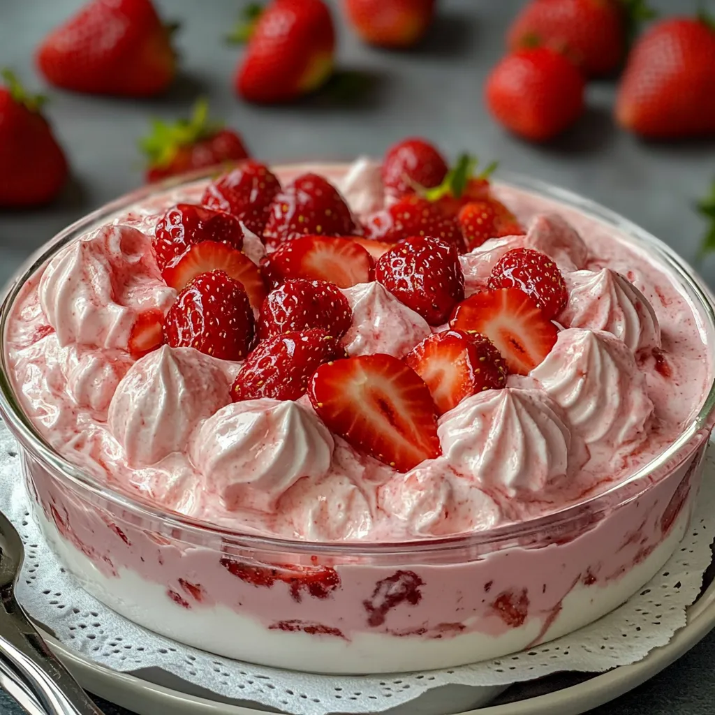 Mousse de fresa servido en vaso de cristal con fresas frescas encima