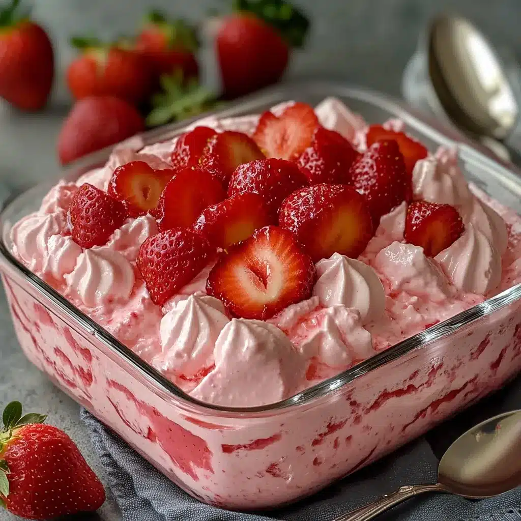 Mousse de fresa servido en vaso de cristal con fresas frescas encima