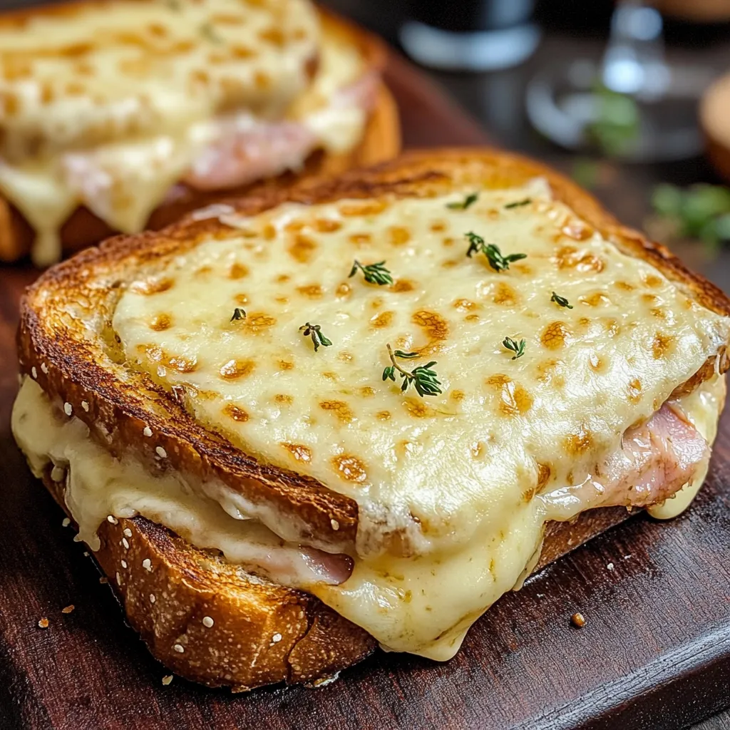 Croque Monsieur sin cerdo gratinado con queso y salsa bechamel servido en plato blanco