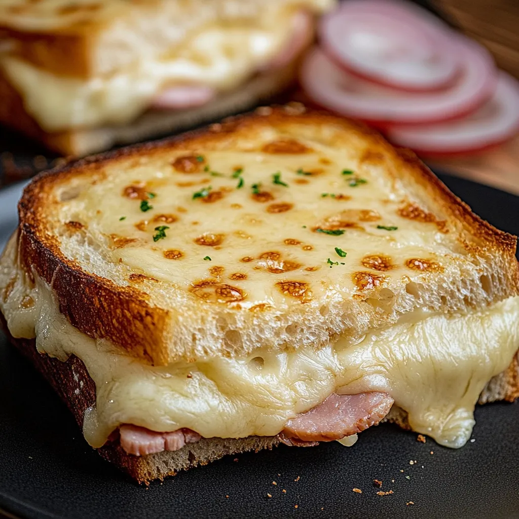 Croque Monsieur sin cerdo gratinado con queso y salsa bechamel servido en plato blanco