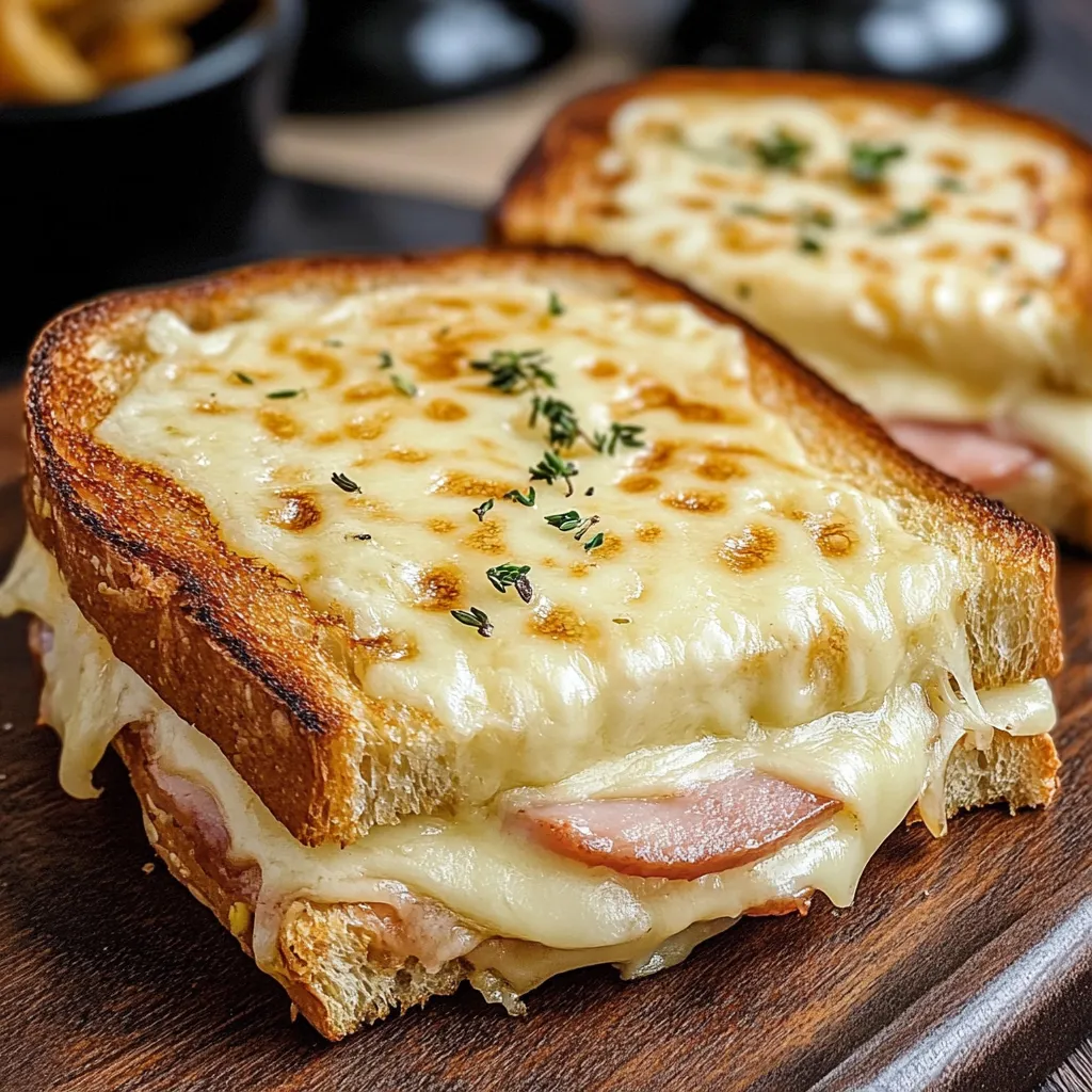 Croque Monsieur sin cerdo gratinado con queso y salsa bechamel servido en plato blanco