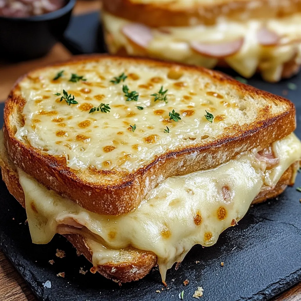 Croque Monsieur sin cerdo gratinado con queso y salsa bechamel servido en plato blanco