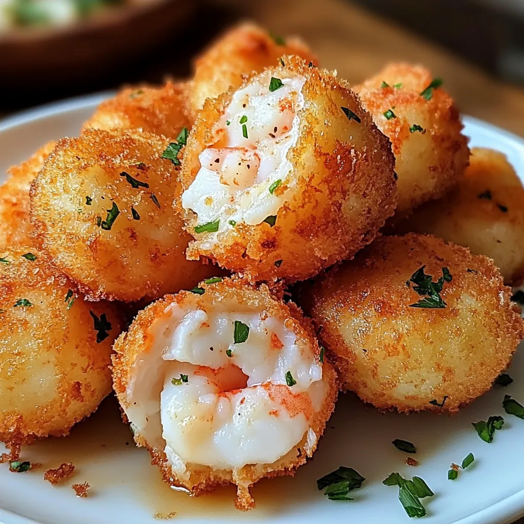 Croquetas de gambas doradas servidas en plato de cerámica sobre fondo rústico
