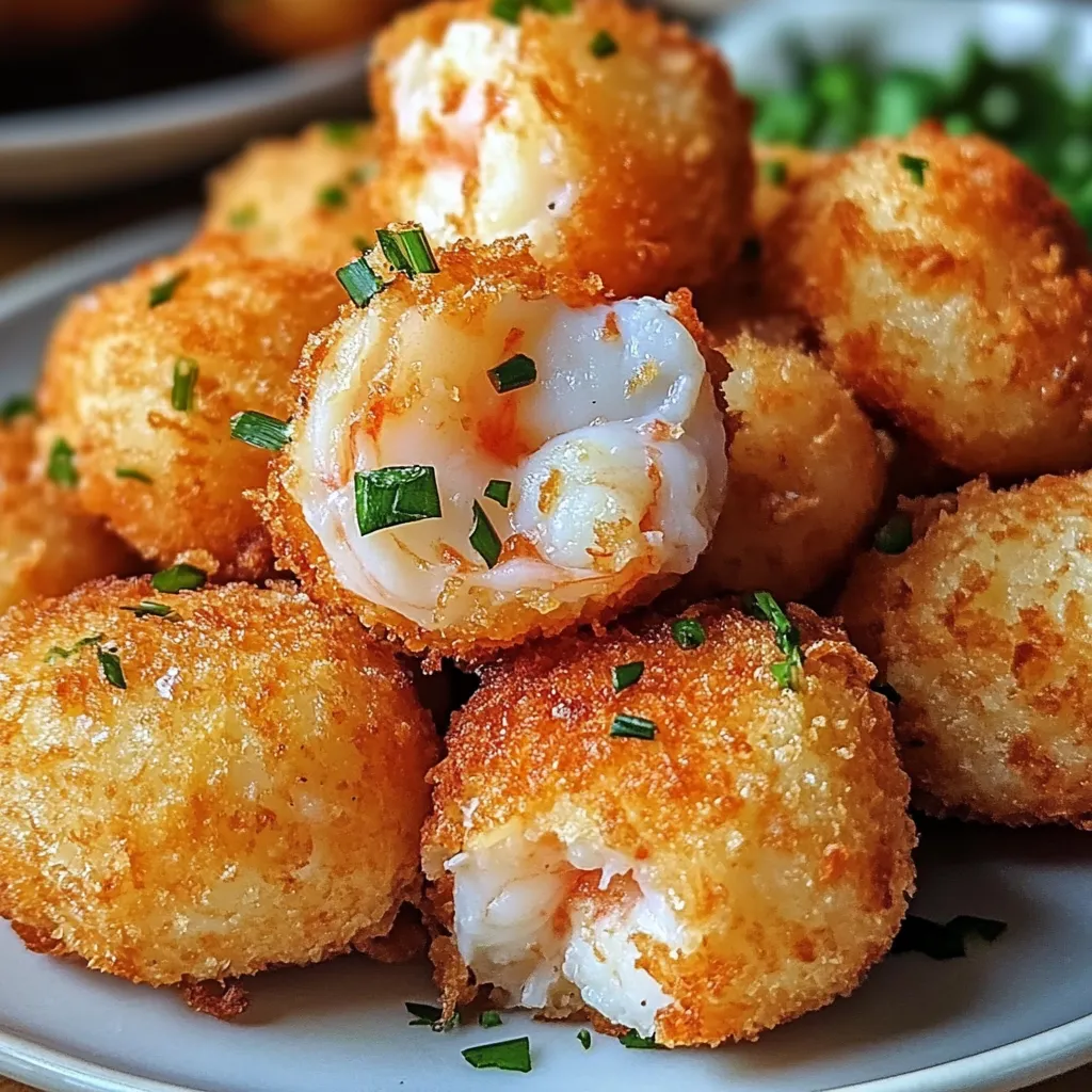 Croquetas de gambas doradas servidas en plato de cerámica sobre fondo rústico