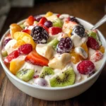 Ensalada cremosa de frutas servida en un bol con mango, fresas y plátano