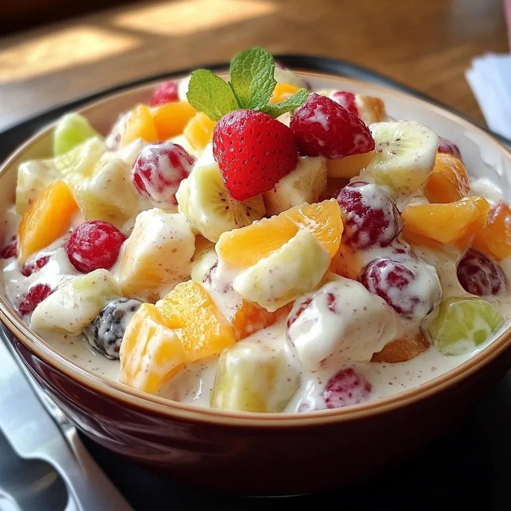 Ensalada cremosa de frutas servida en un bol con mango, fresas y plátano