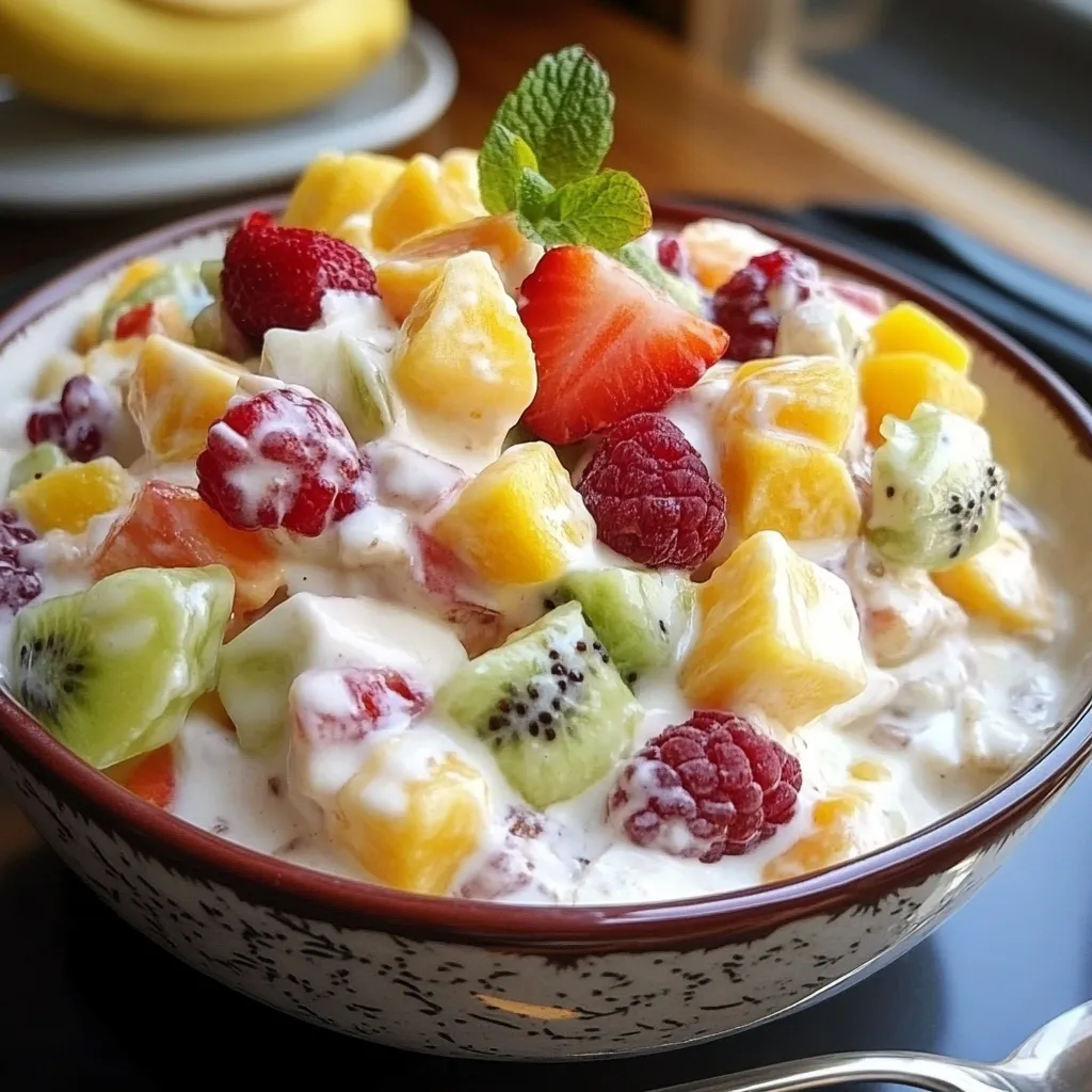 Ensalada cremosa de frutas servida en un bol con mango, fresas y plátano