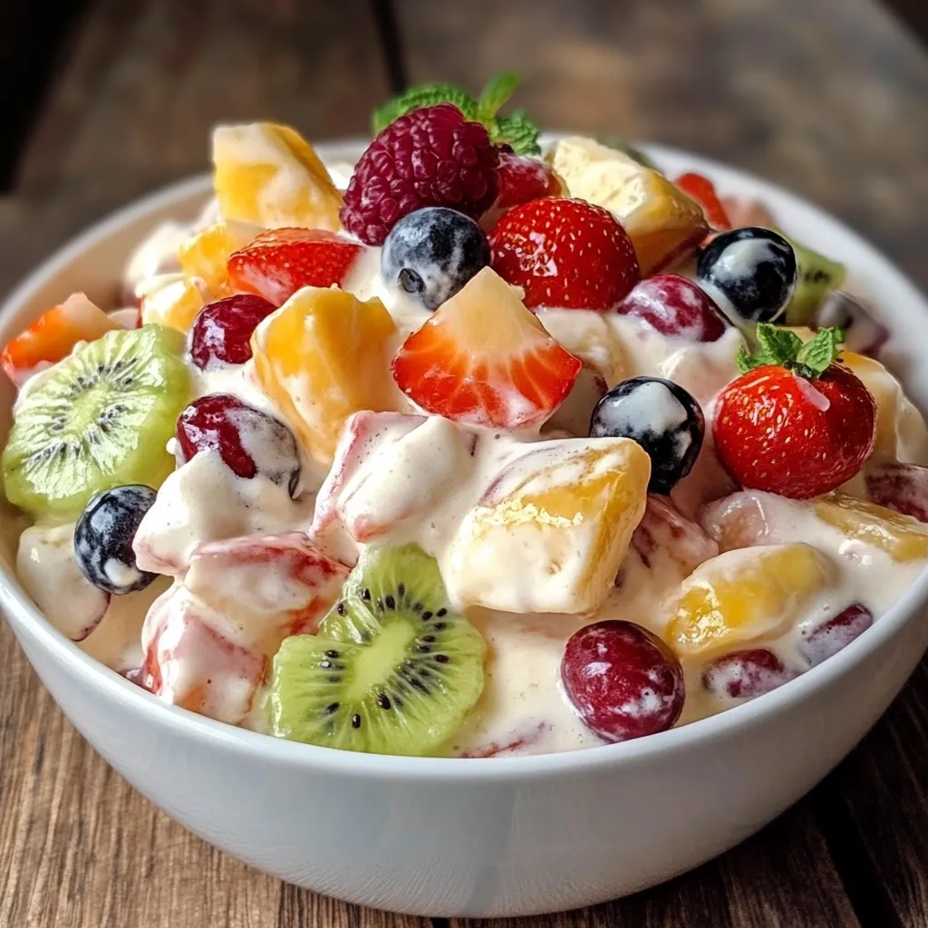 Ensalada cremosa de frutas servida en un bol con mango, fresas y plátano