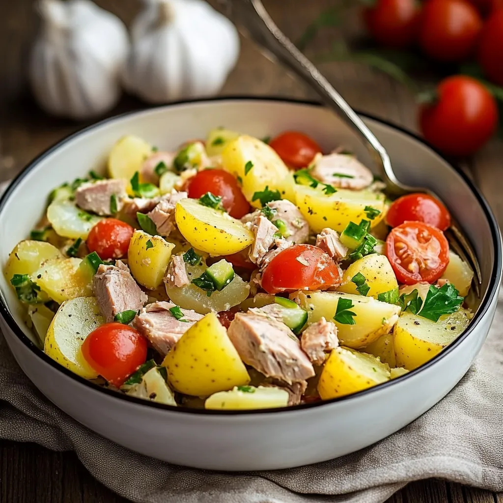 Ensalada mediterránea de patata y atún servida en un plato grande con huevo duro, aceitunas y perejil