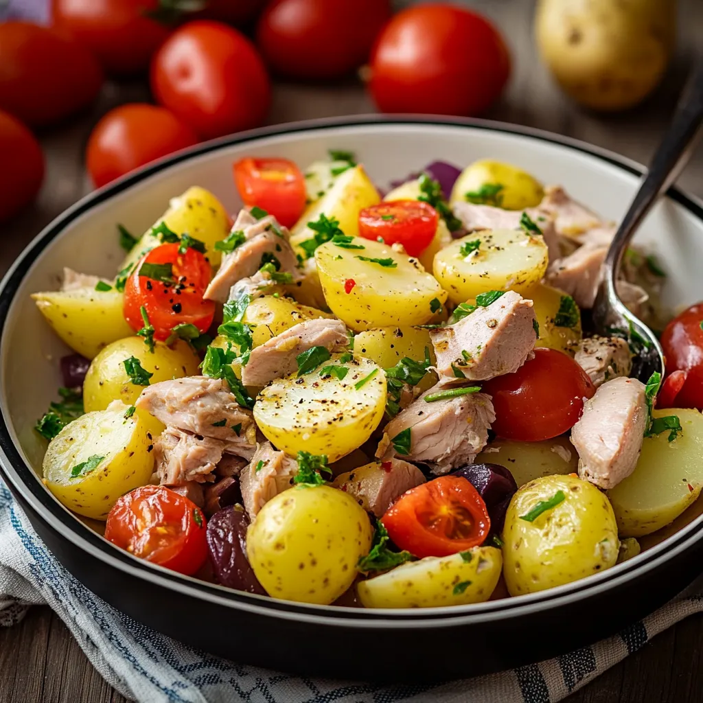 Ensalada mediterránea de patata y atún servida en un plato grande con huevo duro, aceitunas y perejil