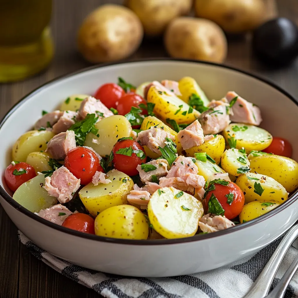 Ensalada mediterránea de patata y atún servida en un plato grande con huevo duro, aceitunas y perejil