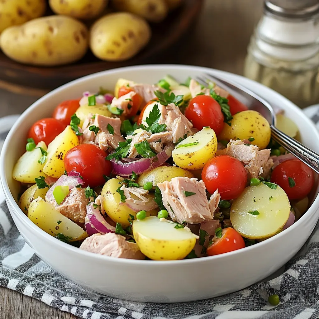 Ensalada mediterránea de patata y atún servida en un plato grande con huevo duro, aceitunas y perejil
