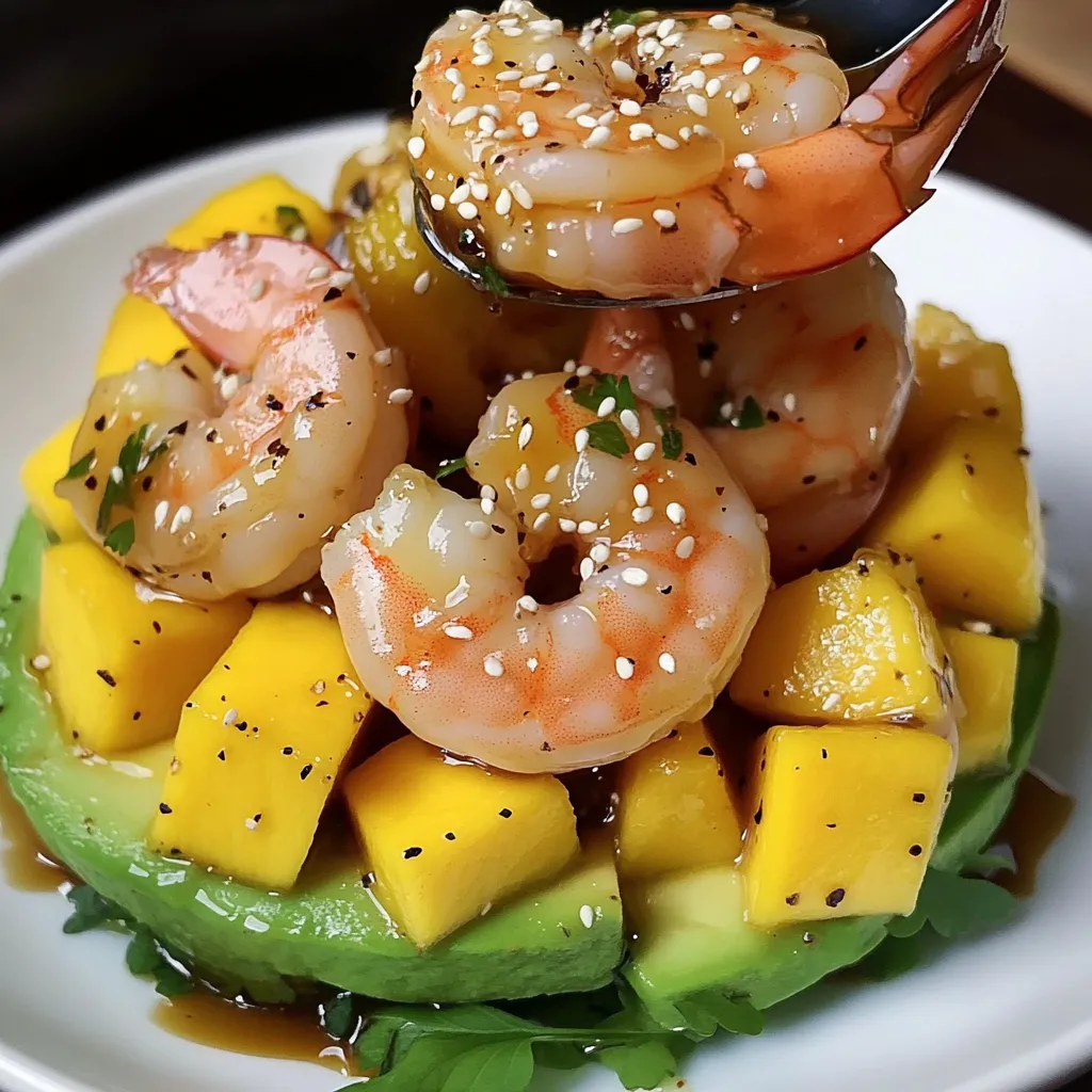 Ensalada de aguacate, mango y langostinos servida en un plato blanco con semillas de sésamo espolvoreadas