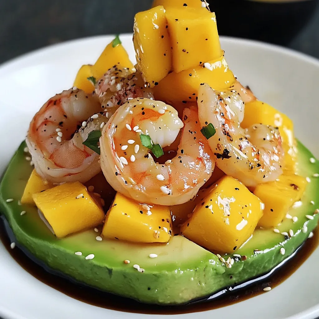 Ensalada de aguacate, mango y langostinos servida en un plato blanco con semillas de sésamo espolvoreadas