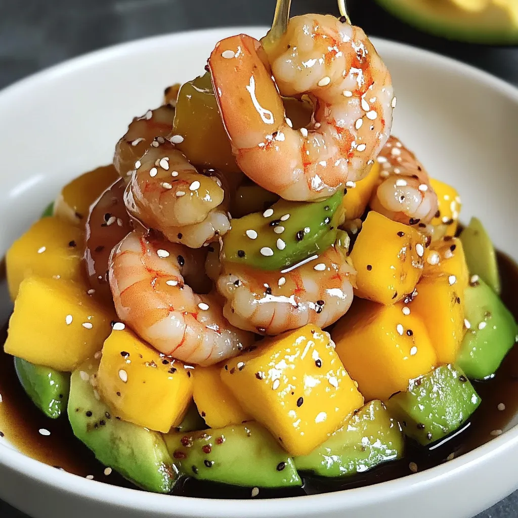 Ensalada de aguacate, mango y langostinos servida en un plato blanco con semillas de sésamo espolvoreadas