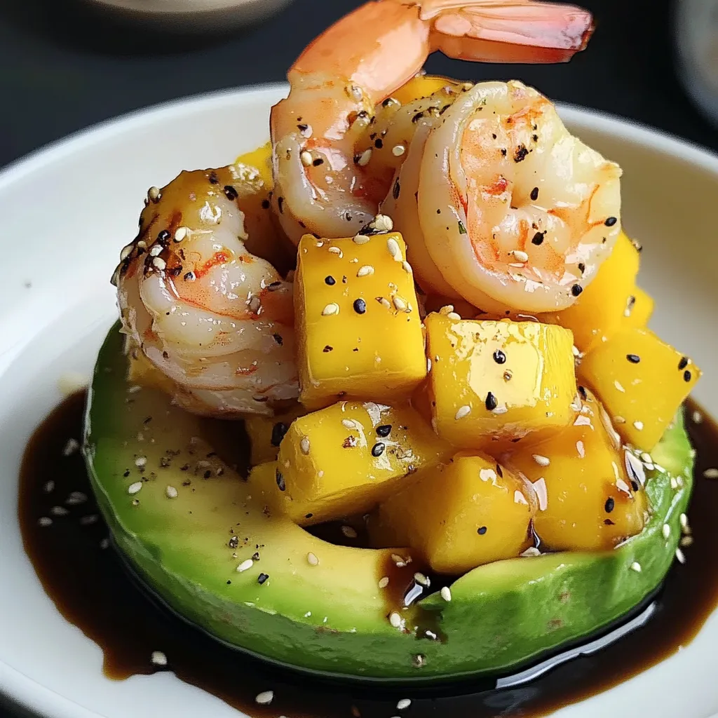 Ensalada de aguacate, mango y langostinos servida en un plato blanco con semillas de sésamo espolvoreadas